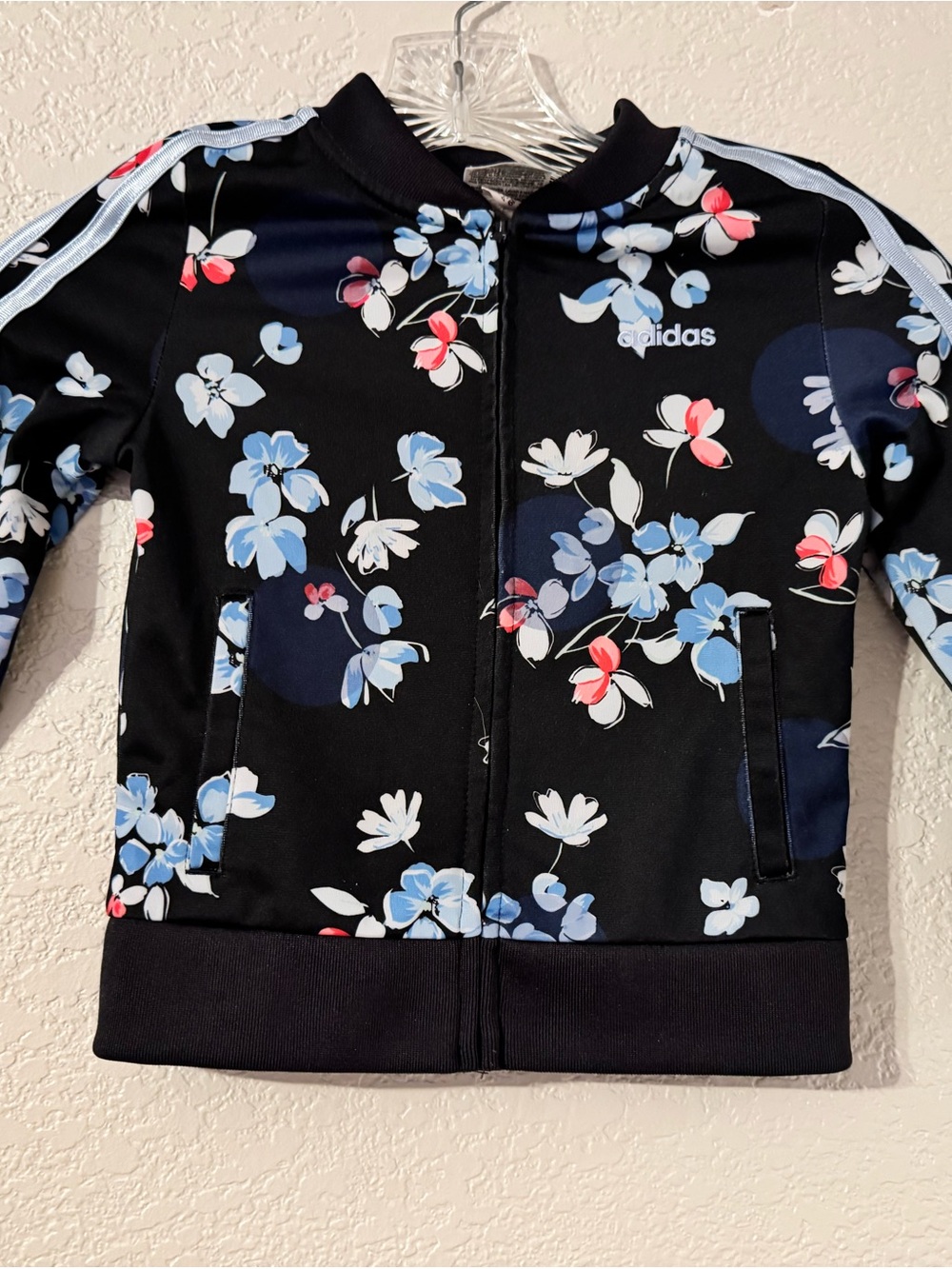adidas Black Floral Zip-Front Kids Jacket with Blue & Pink Flowers